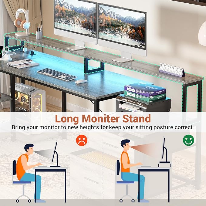 Aheaplus L Shaped Desk with File Drawer, 72.8" Reversible L Shaped Computer Desk with Power Outlet & LED Strip, Gaming Desk with Monitor Stand, Office Desk Corner Desk with Storage Shelf, White Oak