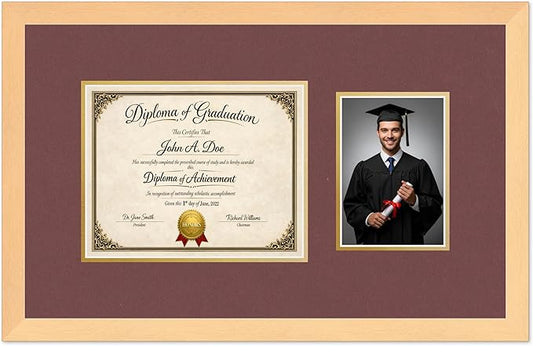 Diploma Frame With Photo Opening Natural Wood Dark Red Over Gold Mat - Fits 10 x 8 Degree and Picture Made in the USA