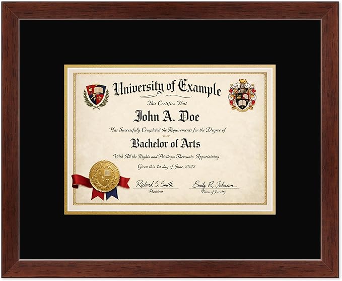 CountryArtHouse Diploma Frame Fits 11.69 x 8.27 A4 Certificate - Keepsake Graduation Display Rustic Walnut Genuine Hardwood with Black Over Metallic Gold Double mat