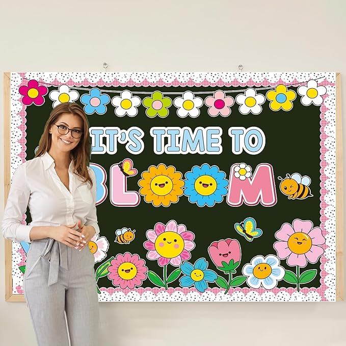 Spring Floral Bulletin Board Decorations Set with Borders Motivational Bloom Flowers Classroom Decor for Teachers Cute Wildflowers Positivity Cutouts for Class School Classroom Bulletin Board Decorati