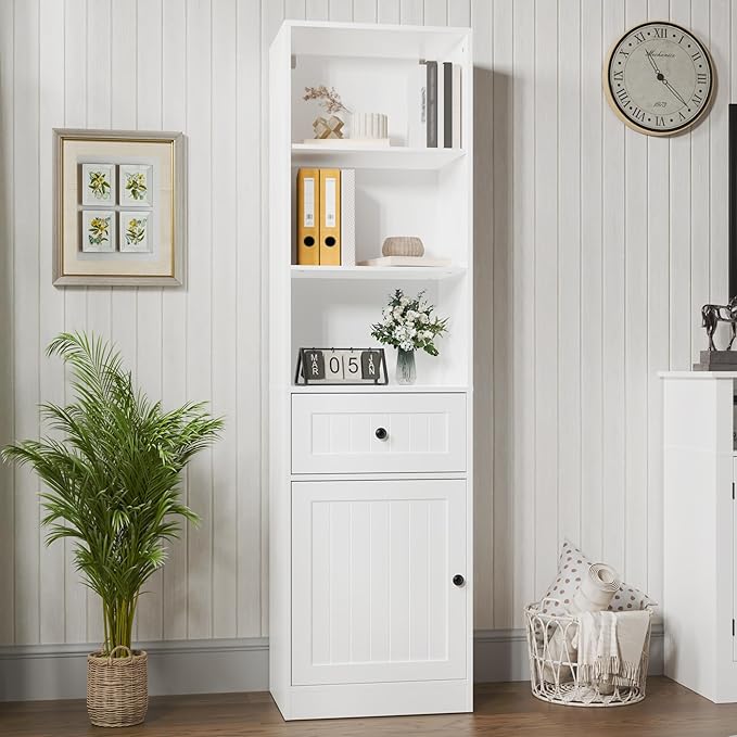 Farmhouse 71" Tall Bookshelf with Drawer, Narrow Bookcase with Adjustable Left/Right Door, Adjustable Shelf, Freestanding Display Book Shelf for Bedroom,Living Room, Office, White
