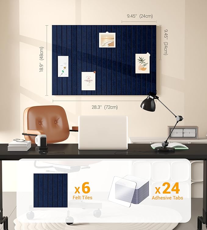 1/2" Thick Cork Board for Office, 6 Pack Felt Wall Tiles -28"x18" with Safe Adhesive Tabs, Large Bulletin Board, Push Pin Board Organizer Wall - Dark Blue