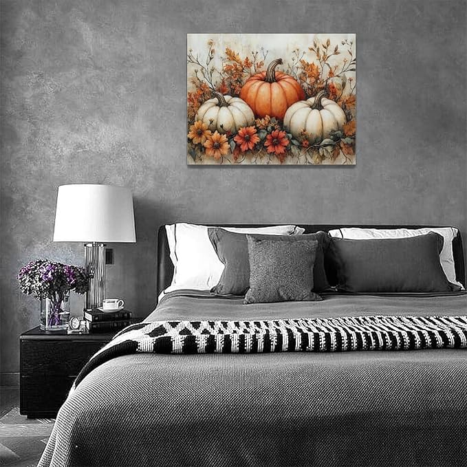 Fall Pumpkin Wall Art Autumn Leaf Pictures Wall Decor Maple Leaves Canvas Painting Modern Artwork Home Decoration for Living Room Bathroom Bedroom Office Framed 16"x12"