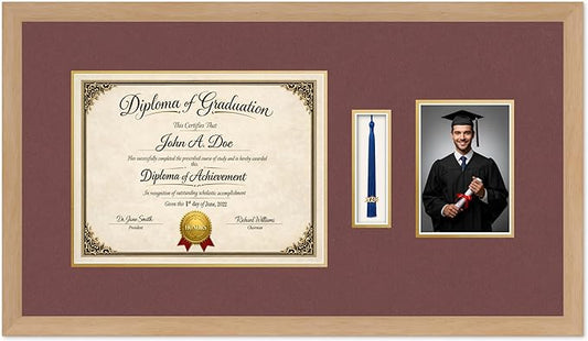 Diploma Tassel and Photo Frame Natural Wood Shadowbox Dark Red Over Gold Mat - Fits 13 x 10 Degree Picture Made in the USA