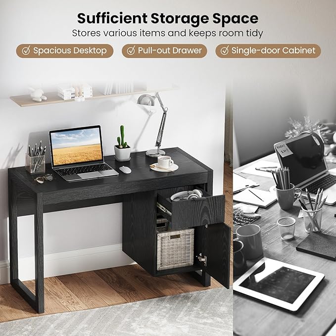Tangkula Computer Desk with Storage Cabinet & Drawer, White Wooden Home Office Desk, PC Laptop Workstation Study Writing Desk with Smooth Surface, Ideal for Home Office (Black)