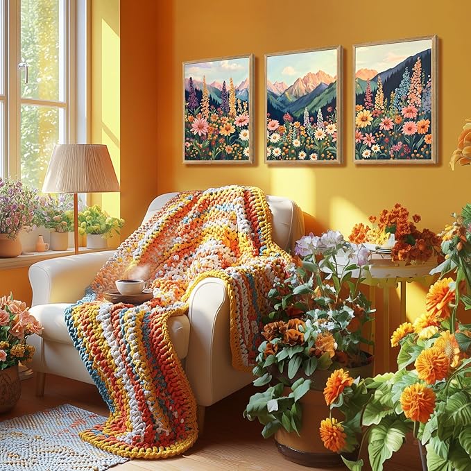 Hianan Mount Daisy Wildflower Landscape Wall Art, Colorful Floral Wall Decor, Boho Sunset Landscape Canvas Painting, Bright Botanical Poster Prints for Living Room Bedroom Wood Framed 16"x24"x3