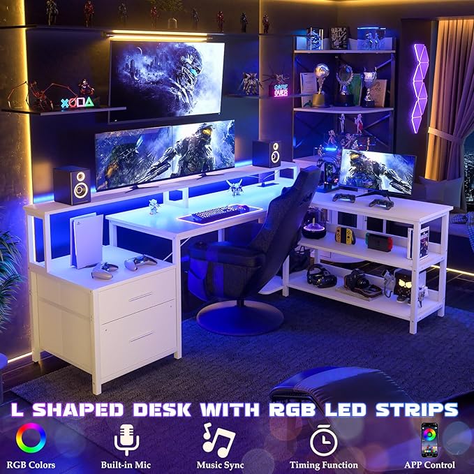Aheaplus L Shaped Desk with File Drawer, 66" Reversible L Shaped Computer Desk with Power Outlet & LED Strip, Gaming Desk with Long Monitor Stand, Office Desk Corner Desk with Storage Shelf, White