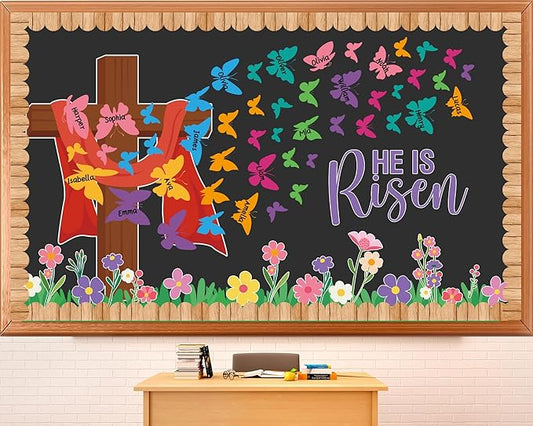 Easter Christian Bulletin Board Set He is Risen Paper Cutouts Butterfly Classroom Decoration Easter Butterfly Flowers Bulletin Board for Sunday Spring School Church Party Home Chalkboard Decor