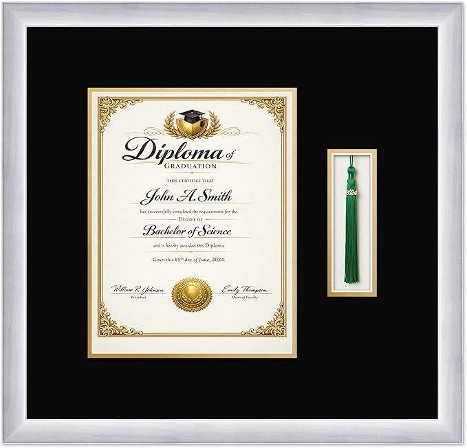 CountryArtHouse Diploma and Tassel Frame Fits 8.5 x 11 Certificate (Portrait) with Tassel H Stainless Silver Genuine Hardwood Shadowbox with Black Over Metallic Gold Double mat