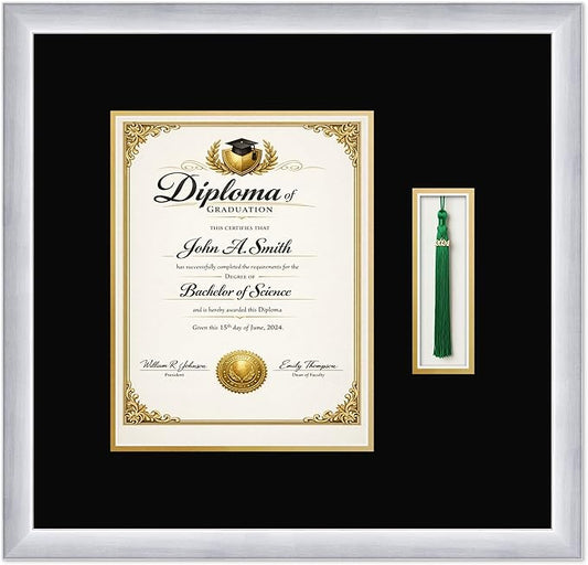 CountryArtHouse Diploma and Tassel Frame Fits 8.5 x 11 Certificate (Portrait) with Tassel H Stainless Silver Genuine Hardwood Shadowbox with Black Over Metallic Gold Double mat