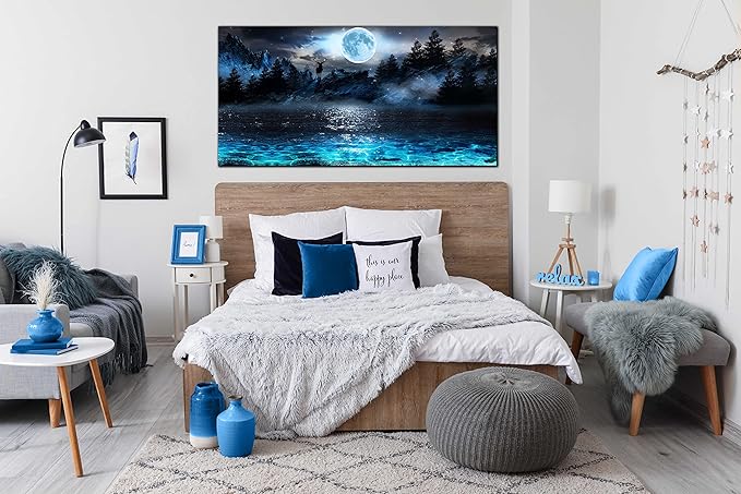 Moon Sea Ocean Wall-Art For Living Room Large Size - Blue Wall Decor For Bedroom - Forest Wall Art Ready To Hang 29" x 59"