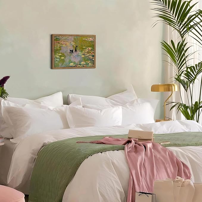 Framed Cat Wall Art, Pink Whimsical Claude Monet Wall Decor, Funny Black Cat Bathroom Pictures Paintings, Vintage Cute Animal Water Lilies Aesthetic Posters Prints for Bathroom Bedroom 12x16 Inch