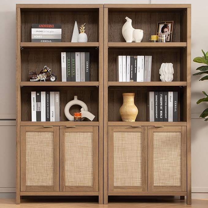 SICOTAS Bookcase 71" Tall Bookshelf 5 Tier Rattan Boho Bookcase with Doors Storage Large Book Case Shelf Farmhouse Bookshelves Library Book Shelves for Living Room Bedroom Home Office Kitchen
