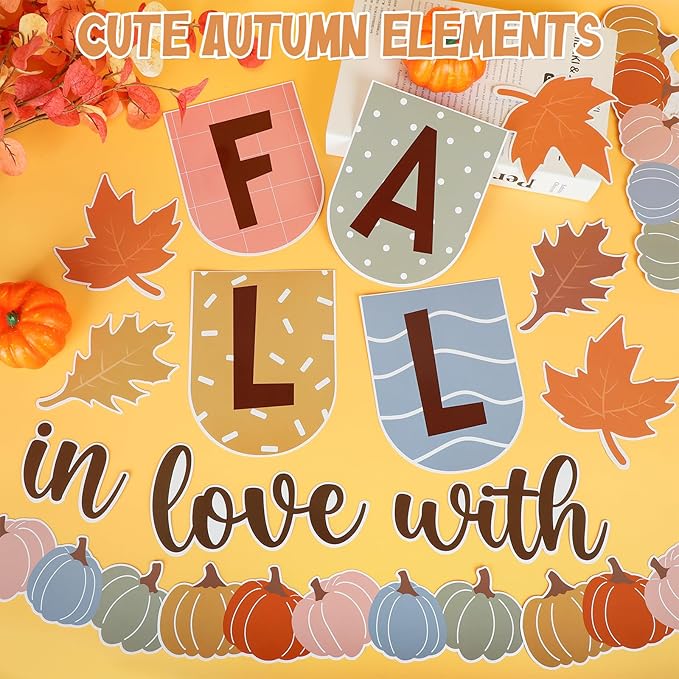 43Pcs Fall Thanksgiving Bulletin Board Decorations Set Autumn Boho Bulletin Board with Maple Leaves Pumpkin for Classroom School Home Wall Decor