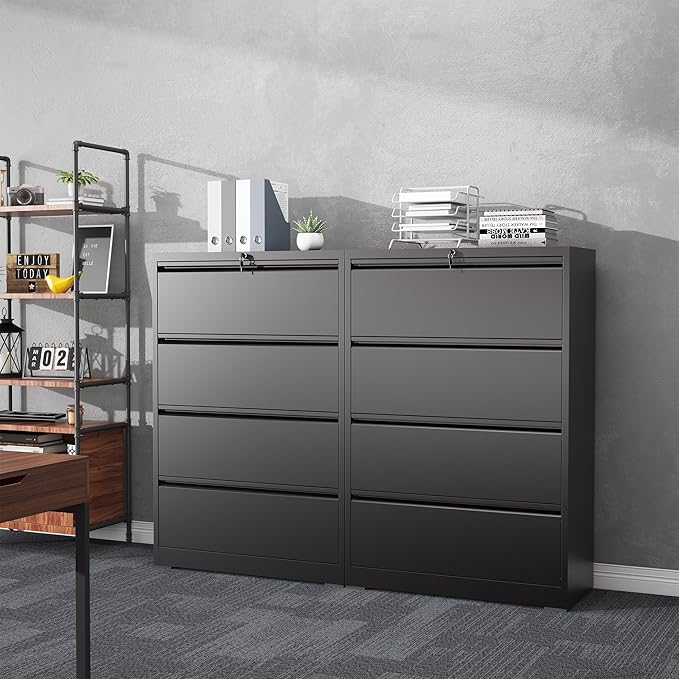 4 Drawer File Cabinet with Lock, Lateral Filing Cabinets,Metal Storage Filing Cabinets for Home Office, Heavy Duty File Cabinet for Letter/Legal/A4/F4 Size Amsseble Required, Black