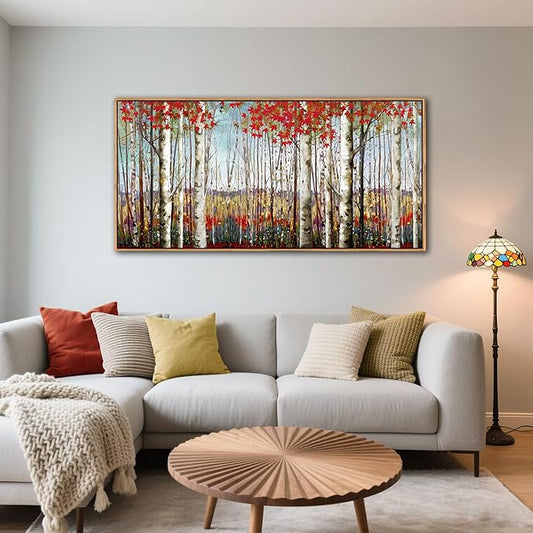 Large Canvas Wall Art - Framed Aspen Tree Oil Painting Style, Birch Tree Pictures for Living Room Wall Decor & Bedroom, 24x48 Modern Nature Artwork for Walls