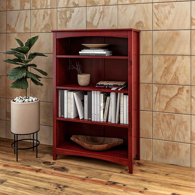 Camaflexi Shaker Style 4 Shelf Bookcase/Solid Wood / 48" High/Adjustable Shelving/Closed Back/Display Bookshelf for Living Room, Bedroom, Home and Office, Red Garnet Stain