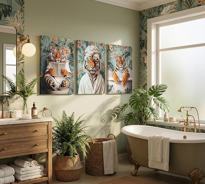 3pcs Funny Bathroom Tiger Canvas Wall Art Boho Tropical Botanical Tiger Reading Newspaper On Toilet Wall Decor Pictures Animal Humor In Bathtub Posters Prints for Bathroom Decoration Ready To Hang