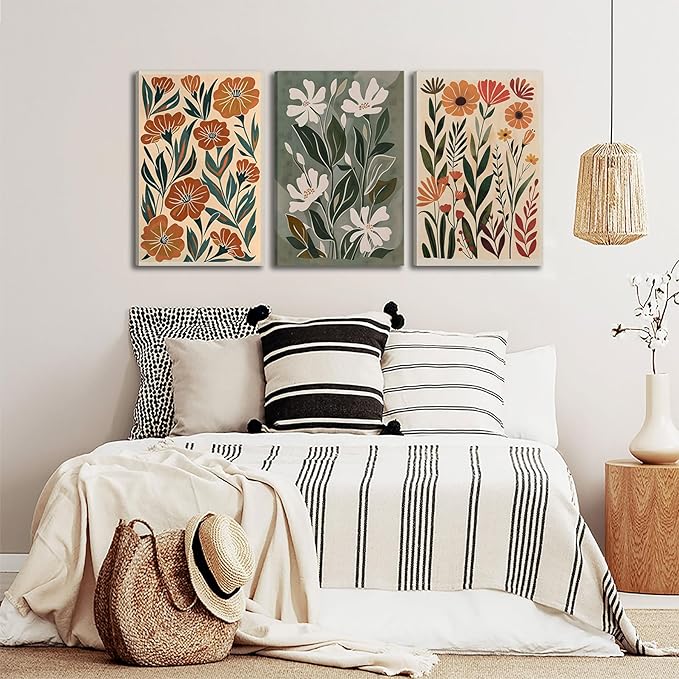 3pcs Abstract Boho Floral Canvas Wall Art Green Beige Flower Market Posters Prints Minimalist Colorful Botanical Wall Decor Pictures For Living Room Bedroom Office Home Decoration