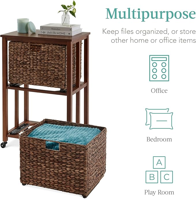 Best Choice Products Vertical Rolling File Cabinet, Multipurpose Portable Water Hyacinth Basket Organizer for Home Office, Workspace w/Rubberwood Frame, Metal Sliders, Locking Caster Wheels - Mocha