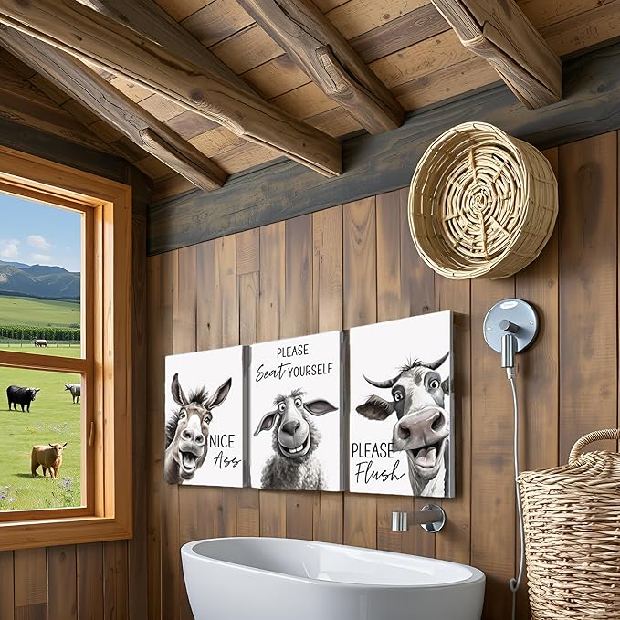 YOUHONG Funny Bathroom Wall Art Farmhouse Decor Cow Pictures with Wooden Frame - Waterproof Canvas Prints 20x28 Inch 3 Piece Bathroom Wall Decor for Funny Art