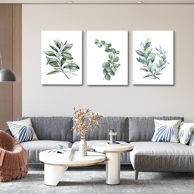 Green leaves Plants Canvas Wall Art for Living Room modern Bathroom Wall Decor for Bedroom Kitchen Home Decorations 3 panel Watercolor painting Canvas Prints Posters Artwork office mural Art works