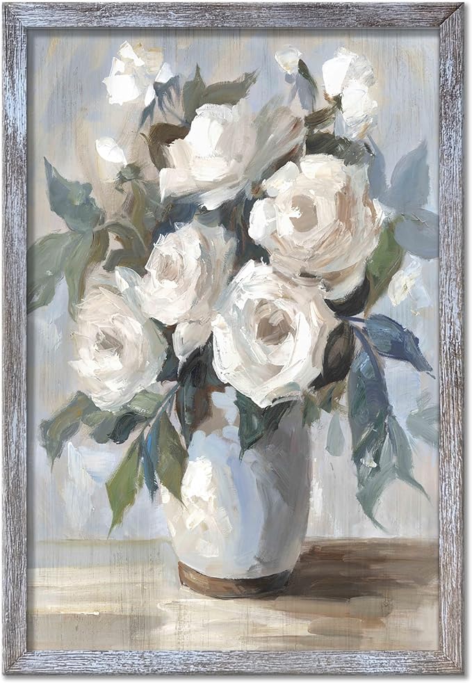 Floral Wall Art Painting - Realistic White Flower Canvas with Soft Blue Gray Tones for Bathroom and Bedroom Decor 11"x16"