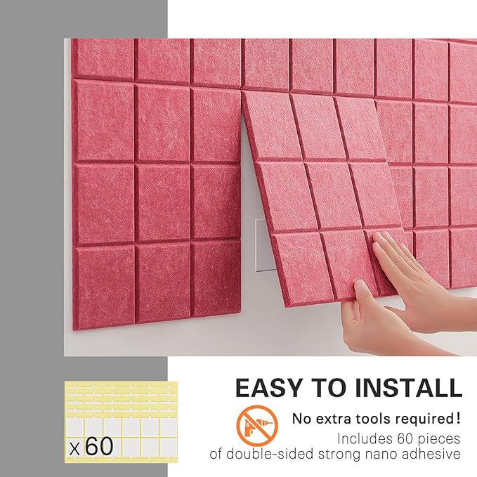 Large Cork Board, 12 Pack Felt Wall Tiles with Safe Removable Adhesive, Bulletin Board for Office, Pin Tack Corkboard for Quilting Design & Dart Wall Protector 48" x 36" - Light Crimson