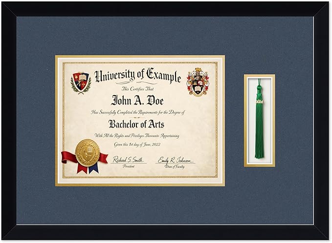 CountryArtHouse Diploma and Tassel Frame Fits 11 x 8.5 US Letter Certificate with Tassel H Matte Black Genuine Hardwood Shadowbox with Navy Blue Over Metallic Gold Double mat