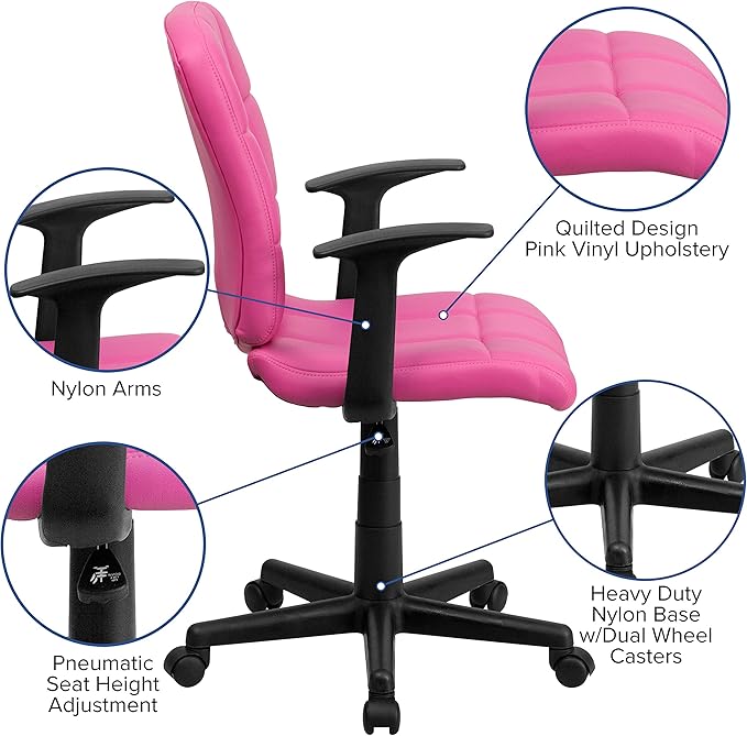Flash Furniture Clayton Mid-Back Pink Quilted Vinyl Swivel Task Office Chair with Arms