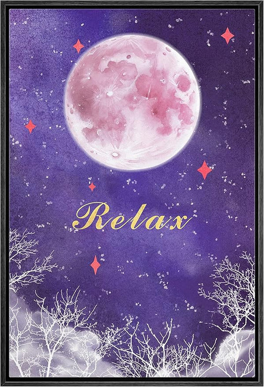 IDEA4WALL Framed Canvas Print Wall Art Tranquil Watercolor Galaxy with Pink Moon Astronomy & Space Sky Illustrations Modern Art Glam Colorful Ultra for Living Room, Bedroom, Office - 24"x36" BLACK