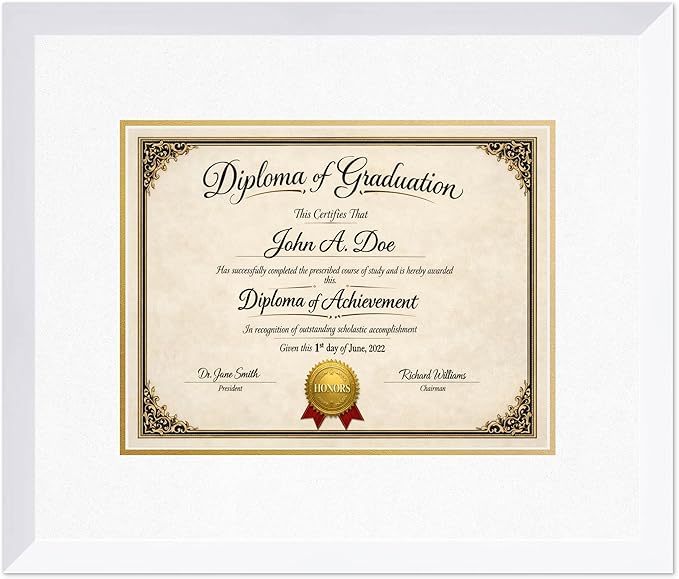 Diploma Frame Bright White with Oyster Shell Over Gold Double Mat - Fits 13 x 10 College Diploma (Traditional) Wall Display Made in the USA