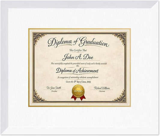 Diploma Frame Bright White with Oyster Shell Over Gold Double Mat - Fits 13 x 10 College Diploma (Traditional) Wall Display Made in the USA
