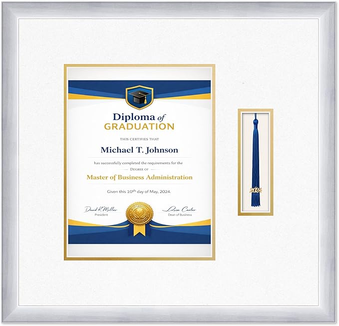 Diploma Frame with Tassel Holder 18.75 x 18 Stainless Silver Shadowbox Oyster Shell Over Gold Mat - Fits 8.5 x 11 Degree Made in the USA