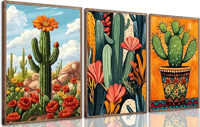 XXOUYLQ 3pcs Mexican Cactus Canvas Wall Art Vintage Desert Floral Posters Boho Southwestern Botanical Pictures Cactus in the desert Wall Decor Paintings Southwestern Potted Plants Prints unframed