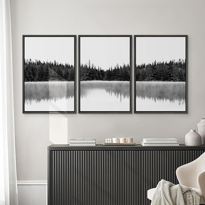 SIGNWIN 3 Piece Framed Canvas Wall Art Woodland Nursery Decor Black and White Forest with Lake Nature Abstract Traditional Home Artwork Decoration for Living Room,Bedroom - 16"x24"x3 Black