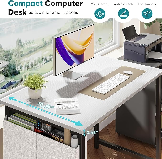 OLIXIS Computer Desk 31 Inch Home Office Desks for Small Spaces, Gaming Writing Study Work Table with Storage Bag and Headphone Hook for Bedroom, White