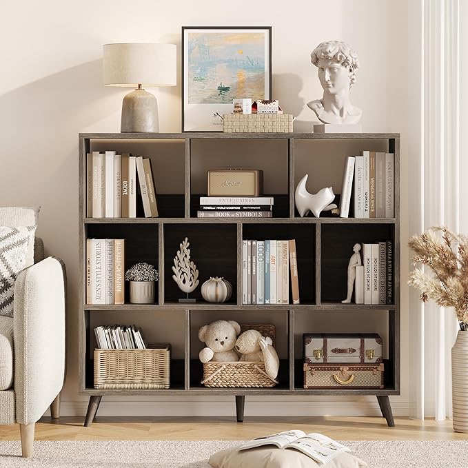 10 Cube Bookshelf, 3 Tier Wooden Book Shelf, Modern Black Short Bookcase with Solid Wood Legs, Small Book Cases Vintage Wide Storage Organizer with Open Shelf for Kids, Small Spaces, Bedroom, Office