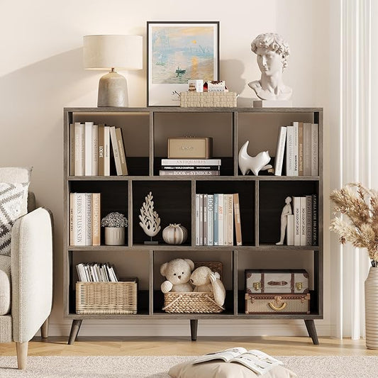 10 Cube Bookshelf, 3 Tier Wooden Book Shelf, Modern Black Short Bookcase with Solid Wood Legs, Small Book Cases Vintage Wide Storage Organizer with Open Shelf for Kids, Small Spaces, Bedroom, Office
