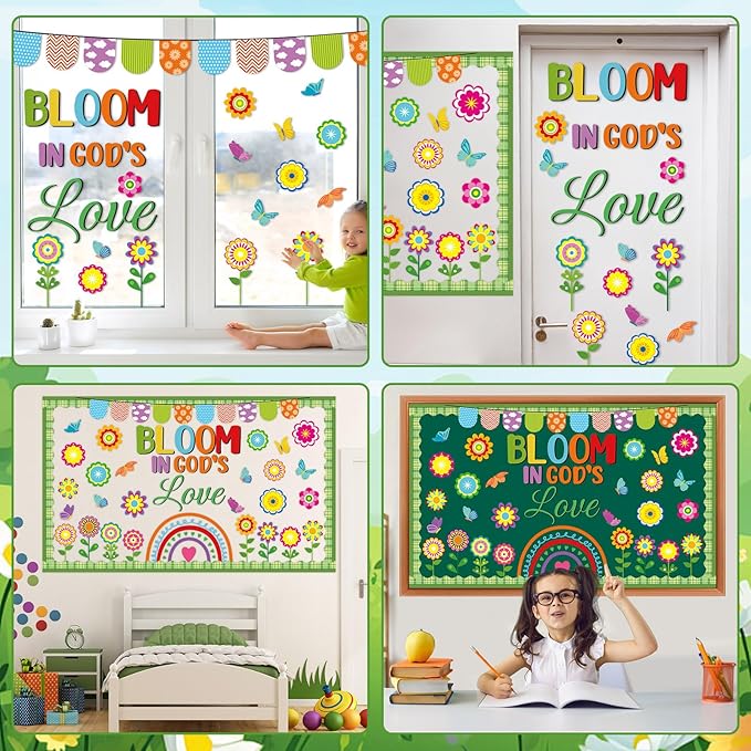 Spring Bulletin Board Set Bloom in God’s Love Classroom Decoration Religious Bulletin Board Jesus Flower Butterfly Cutouts for Spring Easter Christian Sunday School Church Chalkboard Wall Decor