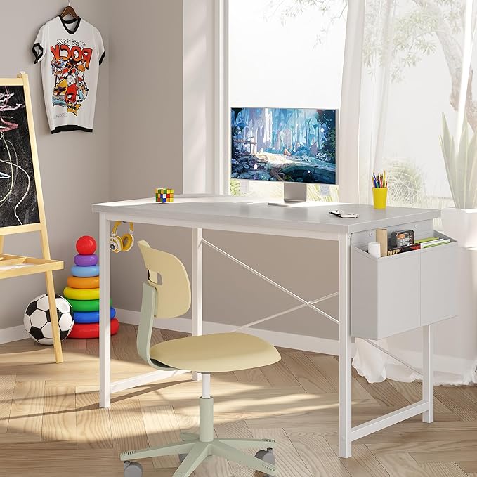 OLIXIS Computer Desk 44 Inch Home Office Desks for Small Spaces, Gaming Writing Study Work Table with Storage Bag and Headphone Hook for Bedroom, White