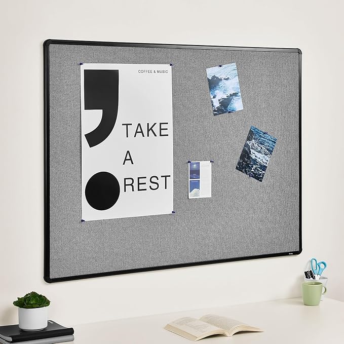 Staples Fabric Bulletin Board with Black Frame, 4 ft x 3 ft Wall Mounted Fabric Message Board for Office Home and Classroom