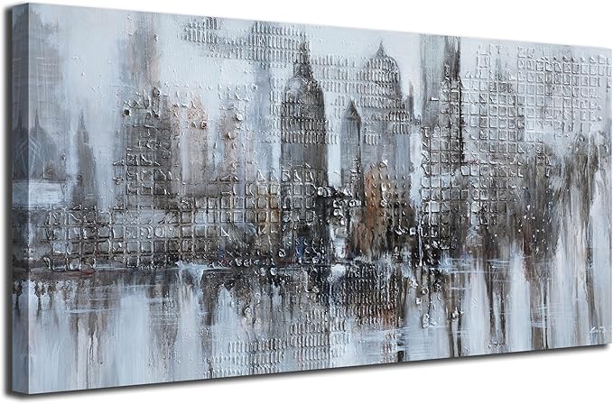 Arjun Abstract Cityscape Canvas Wall Art - New York City Modern Wall Decor, NYC Urban Skyline Painting Grey and White Textured Framed Large Artwork Living Room Bedroom Home Office 40"x20"