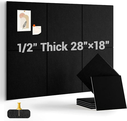 1/2" Thick Cork Board for Office, 6 Pack Felt Wall Tiles -28"x18" with Safe Adhesive Tabs, Large Bulletin Board, Push Pin Board Organizer Wall - Black