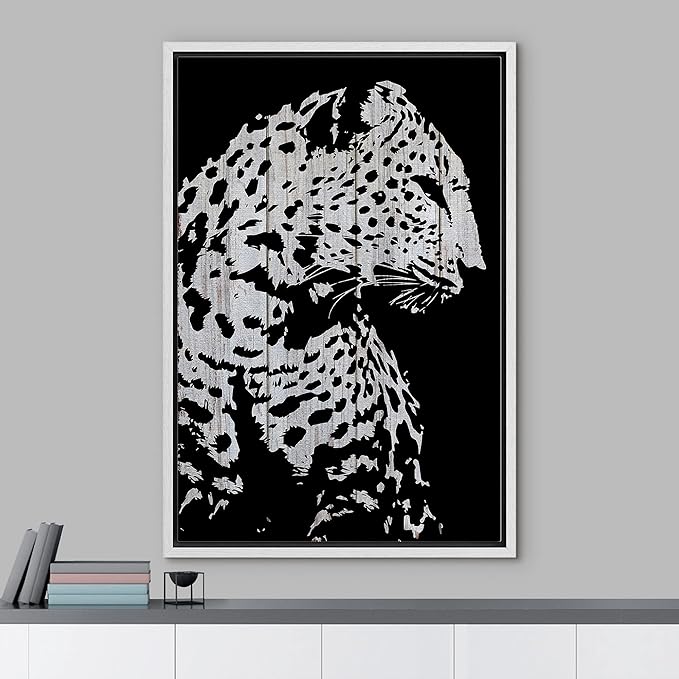 IDEA4WALL Framed Canvas Print Wall Art Grayscale Spotted Leopard Profile on Wood Panels Animals WildLife Illustrations Modern Art Tropical Portrait for Living Room, Bedroom, Office - 24"x36" WHITE