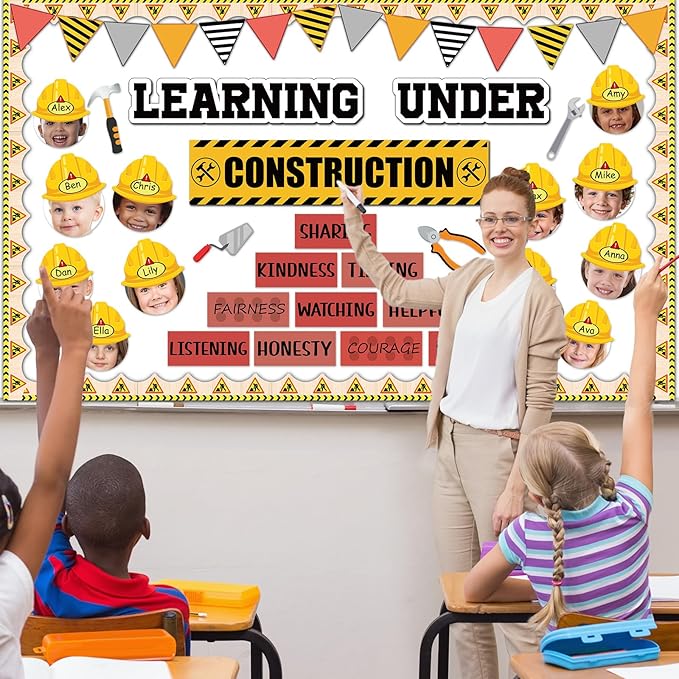 gisgfim Construction Bulletin Board Decorations Learning Under Construction Paper Cutouts DIY Photo Helmet Motivational Bulletin Board Set for Back to School Teacher Classroom Wall Decor Supplies