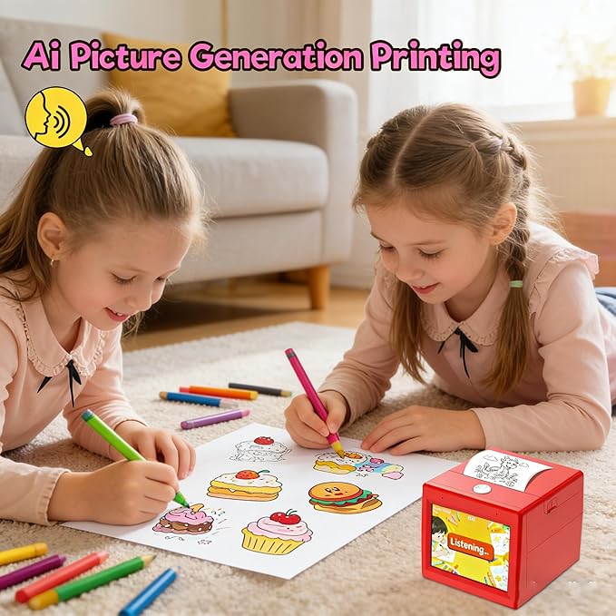 Smart AI Voice Sticker Printer Box, Mini Thermal Label Printer with Display, Inkless Portable Sticker Maker for Home, Office, Study & DIY Projects, 5 Rolls Paper Included
