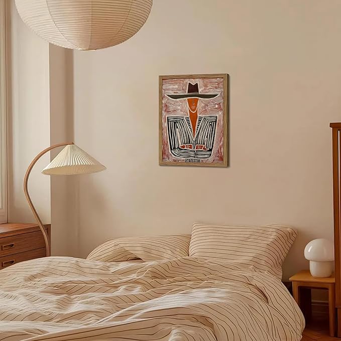 Framed Abstract Cowboy Wall Art, Vintage Western Striped Canvas Wall Decor Painting, Minimalist Southwestern Line Artwork Prints Pictures for Bedroom Living Room 16x24 Inch
