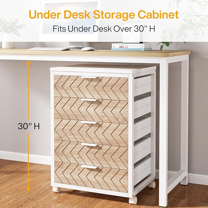 Tribesigns 5-Drawer File Cabinet, Wood Mobile Storage Drawer Unit, Industrial Office Cabinet with Drawers & Wheels, Rolling Printer Stand for Home Office, Beige & White