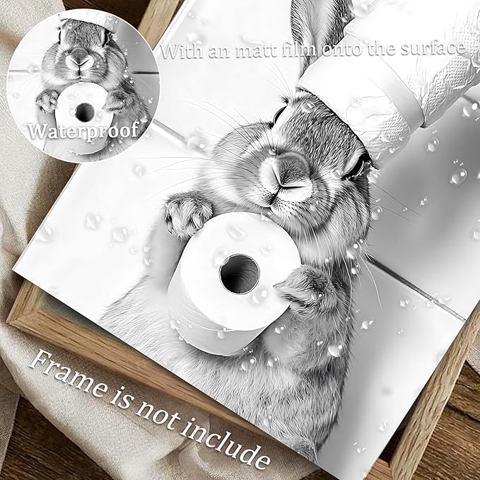 uniro Funny Bathroom Wall Art Prints, Black and White Cute Bunny Bathroom Picture Wall Decor, Cute Rabbit Animal Canvas Print Painting, Modern Bathroom Signs Wall Art Poster for Bathroom Decor (8"x10 - UNFRAMED)